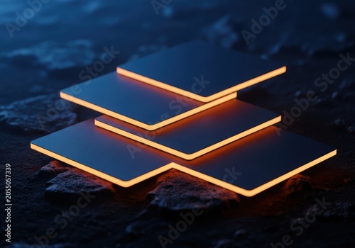 Glowing edges on dark blue rectangular plates on rocky surface