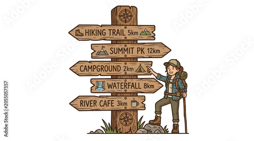 Schilderij op canvas Hiker Woman Points to Wooden Signpost with Hiking Trail Directions