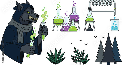 Bild auf Leinwand Angry werewolf alchemist wizard holding smoking chemical test tubes with laborat