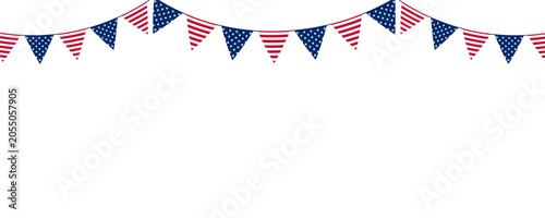 USA bunting banner with patriotic American flag garlands isolated on transparent background. Copy space. PNG. Vector