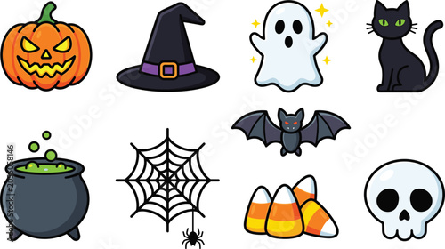 Quadro su tela Halloween spooky character vector icon set jack o lantern pumpkin witch hat ghos