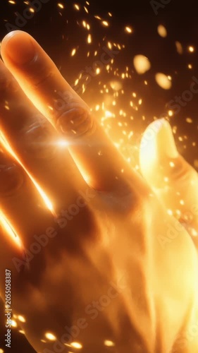Mystical scene showing a close up of a hand gently touching glowing particles of golden light and magical energy floating in the dark, symbolizing hope, healing, and spiritual connection