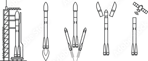 Foto Space rocket launch stages line icon set from launchpad pad takeoff booster sepa