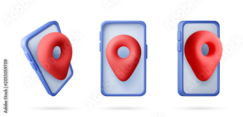 Obraz na plátně Red map pin icons on smartphone screens in 3D style