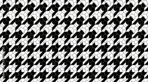 Graphic design pattern fusion mixing sharp monochrome houndstooth checks alongside a stylized classic ball