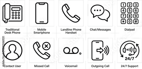 Collection of telecommunication and contact icons featuring phones handsets chat bubbles and support symbols.