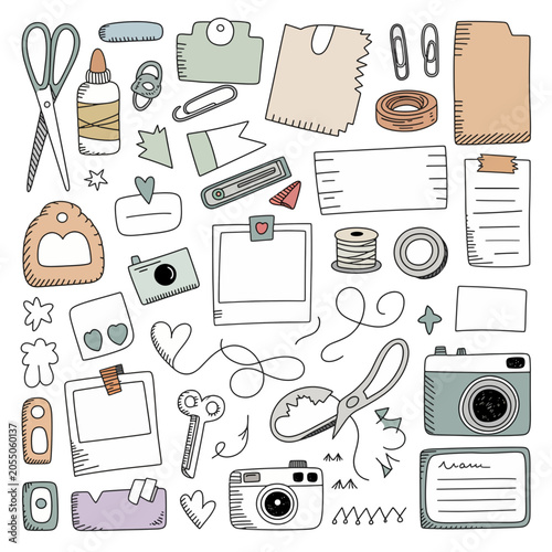 Crafty Collage Elements: A delightful assortment of hand-drawn crafting supplies, including scissors, glue, cameras, tape, and decorative paper, perfect for scrapbooking and DIY projects.