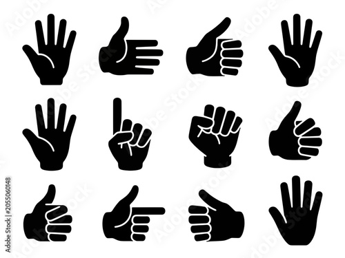 Gesture Collection: A set of twelve distinct black hand gestures, including thumbs up, pointing fingers, fists, and open palms, displayed in a grid format, symbolizing communication and action.