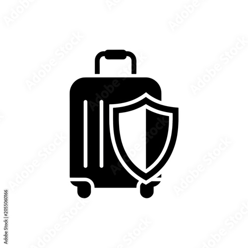 Travel Protection Icon: A bold black icon representing a suitcase with a shield superimposed, symbolizing travel insurance or secure luggage.