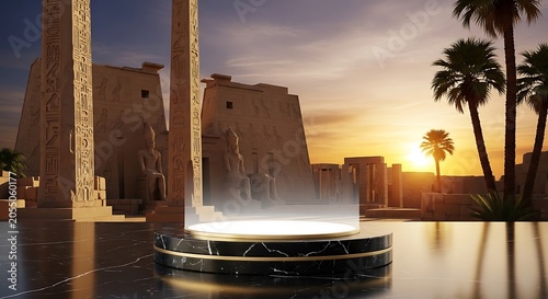 Ancient stone monument complex at sunset with palm trees and reflective pool