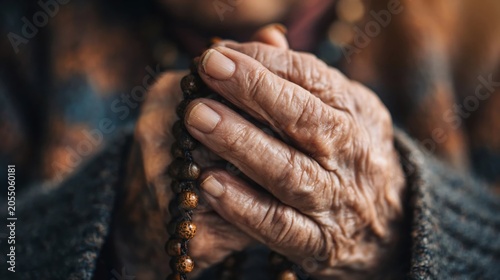 An elderly person's wrinkled hands clasped in prayer while holding wooden prayer beads or mala beads