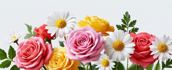 A lively floral arrangement of pastel roses and daisies set against a clean white background for Mother's Day.