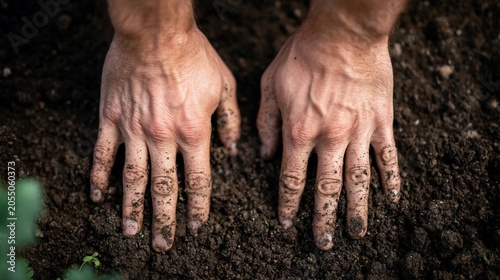 Two dirty male hands pressed into dark nutrient rich soil in a garden setting from a top down perspective