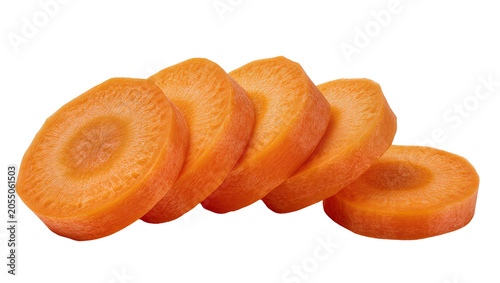 Konstfotografi Isolated fresh vibrant organic peeled carrot slices arranged in a row healthy fo