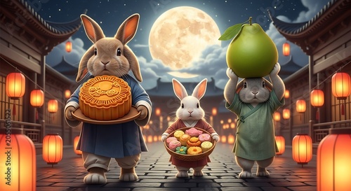 Animated rabbits celebrating traditional festival with lanterns and full moon