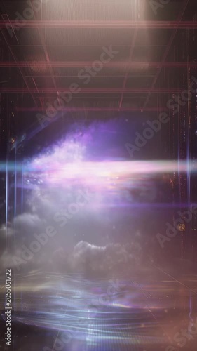 Ethereal digital landscape featuring moving clouds and vibrant, colorful lens flares creating a surreal and futuristic atmosphere with glowing grid lines and reflections on a dark background