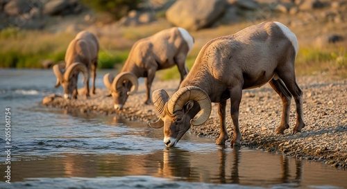 Antelope herd drinking from riverbank in golden hour sunlight