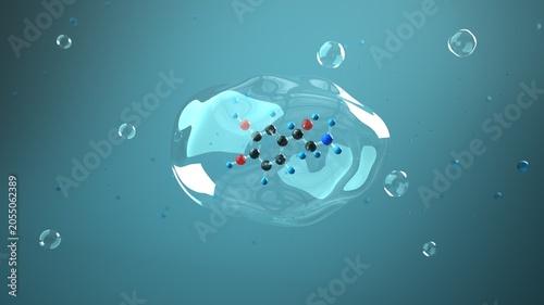 Norepinephrine molecule in the bubble and liquid environment. 3D illustration.