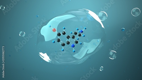 Serotonin molecule 3D render in the bubble and liquid environment. 3d illustration.