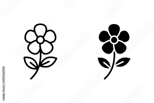 Simple Flower Icons, Outline and Filled, Vector Graphics for Nature and Spring Designs