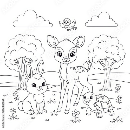 Friendly forest friends cartoon scene with bunny deer and turtle