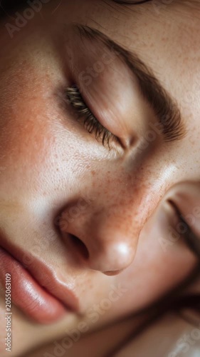 Extreme close up of a beautiful young woman with delicate freckles and natural makeup sleeping peacefully, her face resting softly in a tranquil state of relaxation and calm dreaming