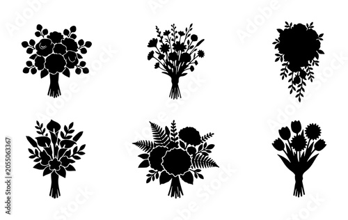 Floral Bouquets Vector Silhouettes, Wedding Flowers, Romantic Arrangements