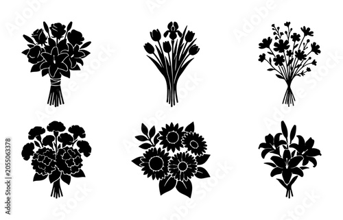 Floral Bouquets Vector Icons, Flower Arrangements Silhouettes, Botanical Design Elements
