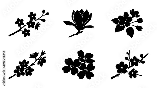 Floral Silhouettes Vector Set, Delicate Blossom Branches, Elegant Magnolia Flower Icons