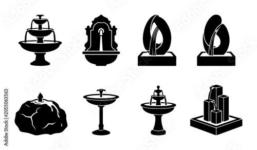 Decorative Fountain Icons, Water Feature Vector Set, Garden Sculpture Collection