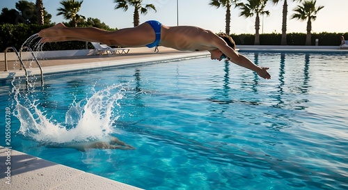 Athlete diving into outdoor swimming pool with blue water and splash