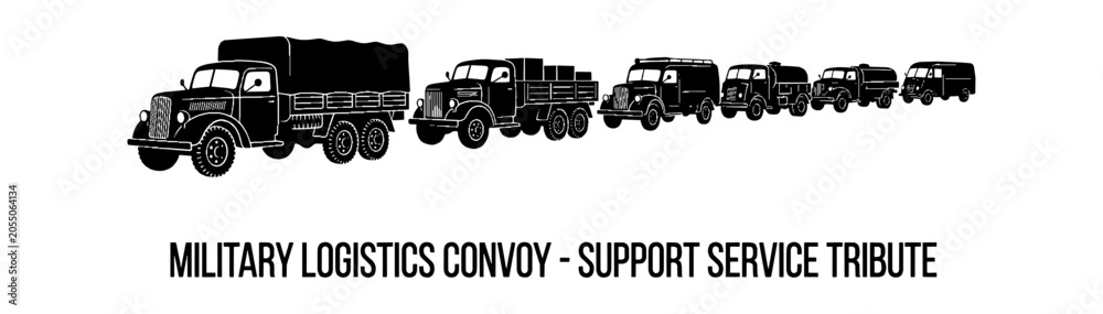 Fototapeta premium Military logistics convoy of vintage army trucks driving in a line representing support service and supply transport tribute isolated on transparent background, Vector
