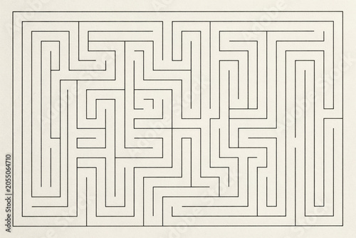 Complex rectangular maze pattern with thin black lines on a cream background, for puzzle solving, and logical thinking, challenges and