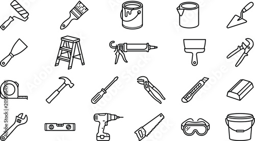 Cuadro en lienzo Home renovation and construction hand tools line icon set featuring paint roller