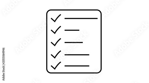 A simple line drawing depicts a checklist with five check marks indicating completed tasks. document clipboard icon- 4k black background icon animation