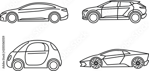Bild auf Leinwand Modern electric and futuristic car line art icon set featuring sedan SUV micro c