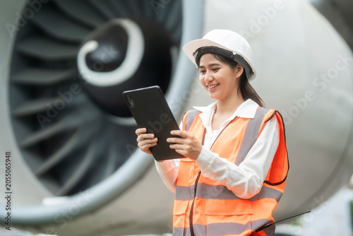 Female aviation engineer in safety vest and hard hat using a tablet near a jet engine at the airport. Modern aircraft maintenance, inspection, and industrial technology concept.