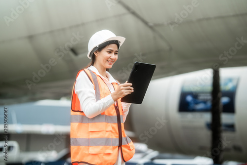 Female aviation engineer in safety vest and hard hat using a tablet near a jet engine at the airport. Modern aircraft maintenance, inspection, and industrial technology concept.