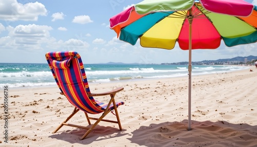 Colorful Beach Scene with Umbrella and Relaxed Vibe