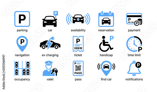 Parking icons set showing car services on white background