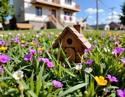 Charming Wooden Cottage Blooming Meadow Under Soft Sunlight