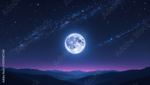 Serene Night Sky with Full Moon and Twinkling Stars