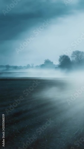 Mysterious foggy landscape at dawn with silhouettes of bare trees and a dramatic cloudy sky. Ethereal mist covers the ground, creating a surreal and tranquil atmosphere