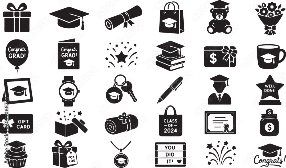 Fototapeta premium Professional vector illustration set featuring various black graduation icons including diplomas caps gifts and celebration elements for academic success projects
