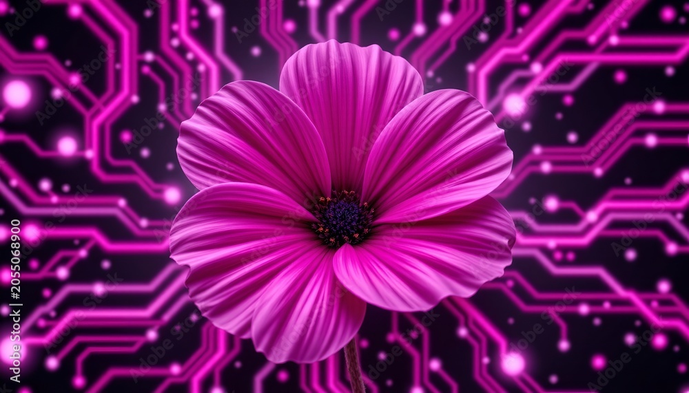 Obraz premium Vibrant Neon Flower Amidst Hightech Circuitry