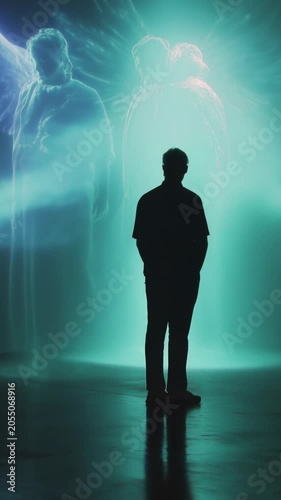 Mystical scene featuring a lone man's silhouette contemplating a glowing spiritual projection of angels, creating a surreal and otherworldly atmosphere against a dark, reflective background