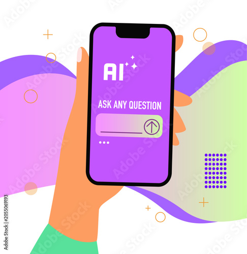 Chat bot robot speech internet. AI service saved the problem. Woman Asks question to AI. Artificial intelligence assistance. Digital conversation. Vector