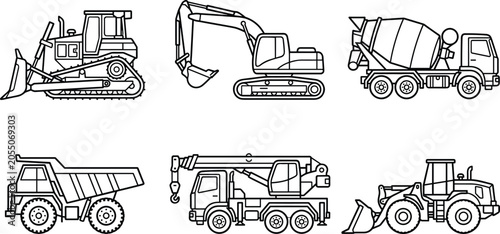 Heavy construction machinery line icon set featuring bulldozer excavator concrete mixer truck dump truck crane and front loader vector illustration
