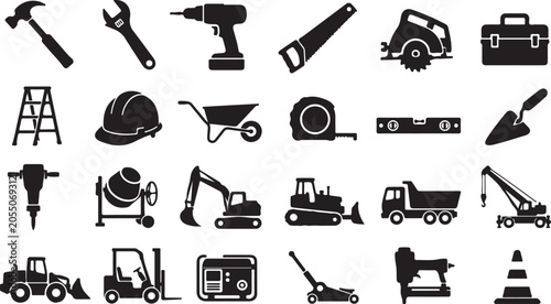 Set of black silhouette vector icons representing various professional construction tools and heavy machinery equipment for building site work projects