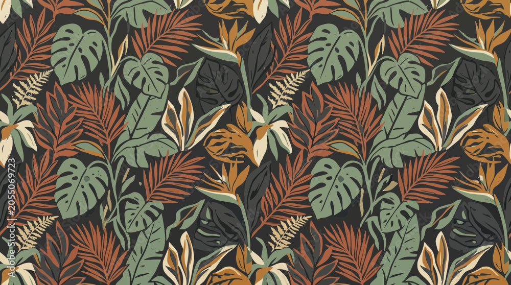 Obraz premium Tropical Jungle Leaf Pattern: Exotic Foliage, Bird of Paradise, Dark Background